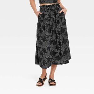 Floral Button-Front Full Midi Skirt Size XS Black White Linen Blend Teachercore